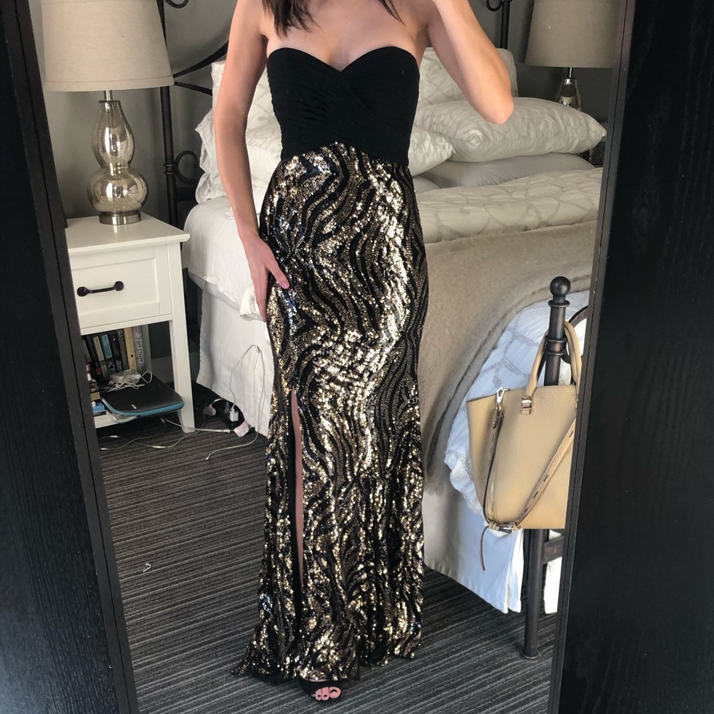 Strapless Formal Black Gown w Black/Gold Sequence